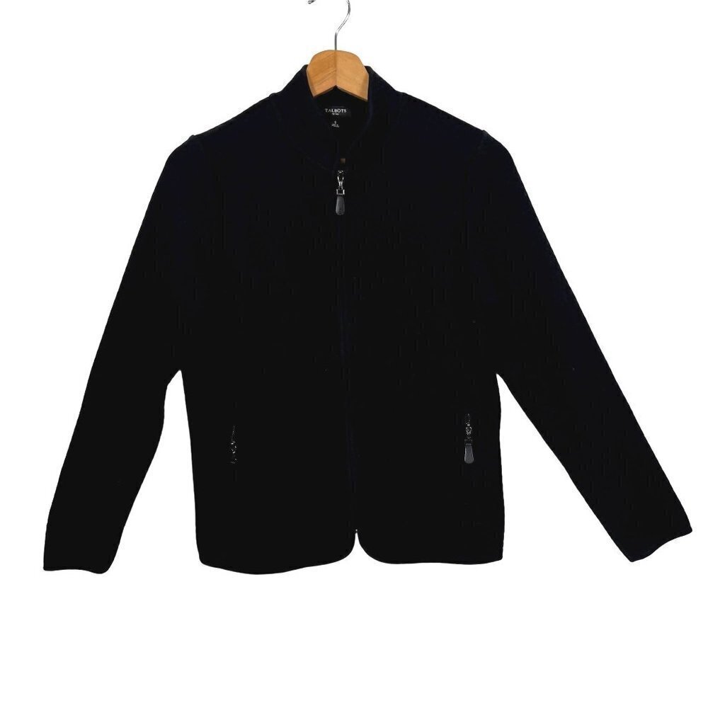 𝅺TALBOTS Black Quilted Zipper Front Jacket Sweater 100% Cotton Small Petite